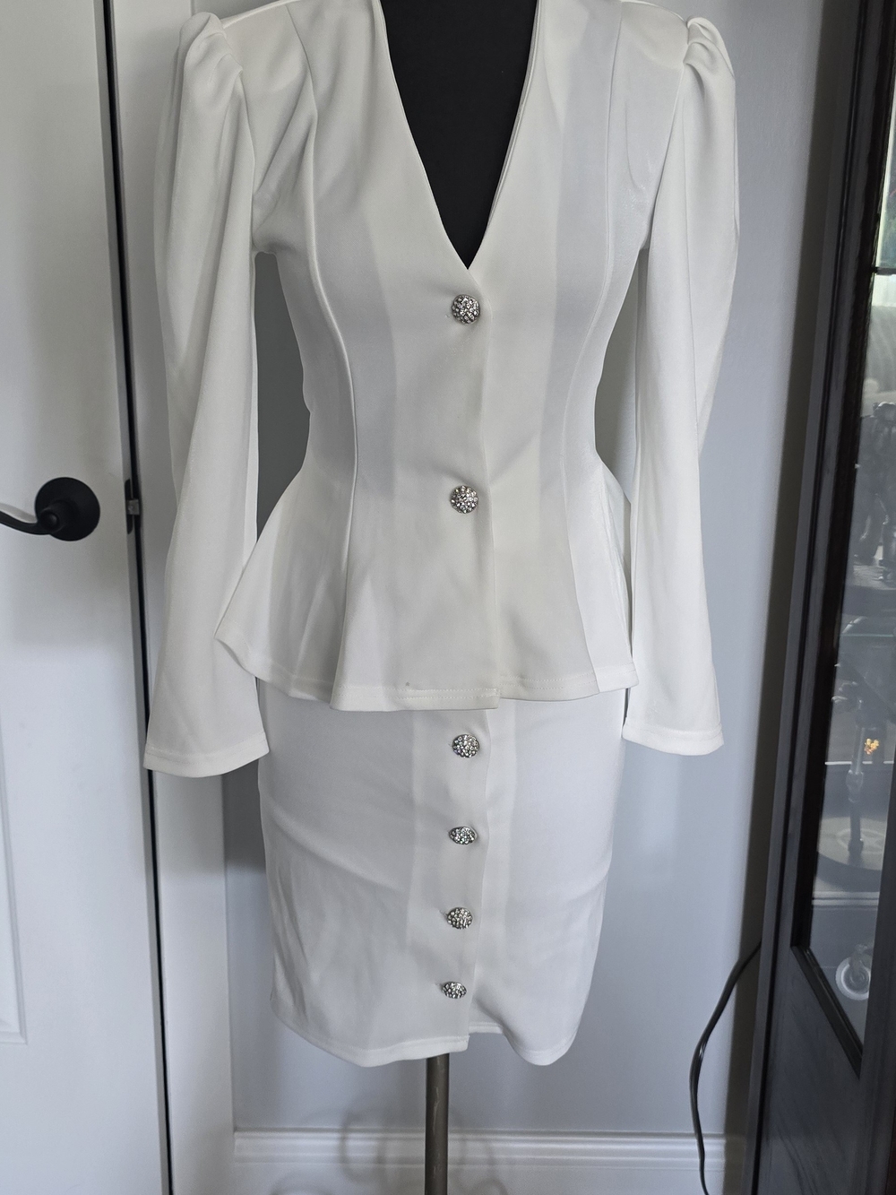 Fashion Nova White Blazer Skirt Set Rhinestone